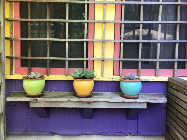 Love the colors on this rustic shelf attached to the house across from the Mermaid Garden.